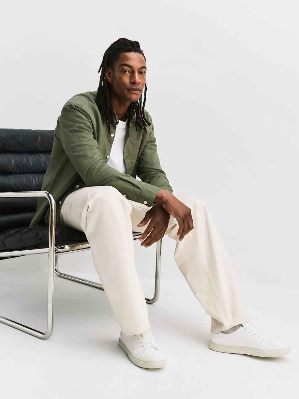 Green Cotton Linen Blend Long Sleeve Shirt
