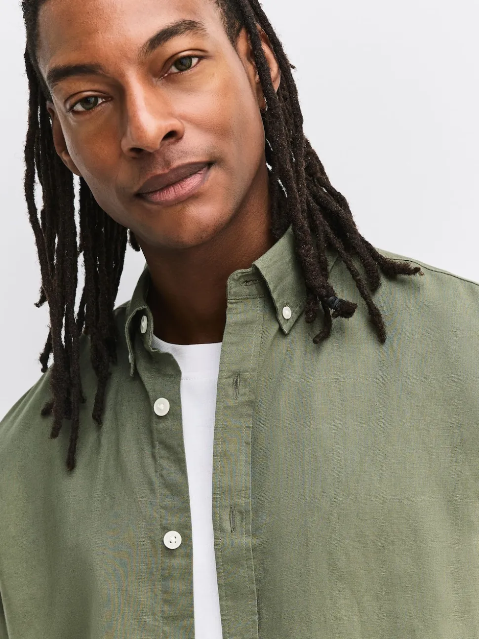 Green Cotton Linen Blend Long Sleeve Shirt