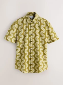 Green Cotton Linen Printed Short Sleeve Shirt