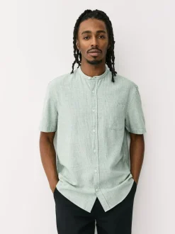 Green Grandad Collar Cotton Linen Blend Short Sleeve Shirt