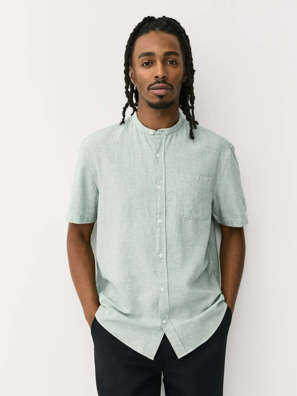Green Grandad Collar Cotton Linen Blend Short Sleeve Shirt