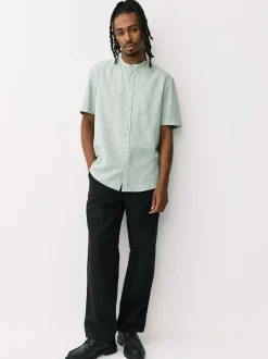 Green Grandad Collar Cotton Linen Blend Short Sleeve Shirt