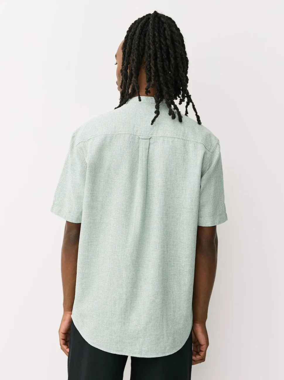 Green Grandad Collar Cotton Linen Blend Short Sleeve Shirt