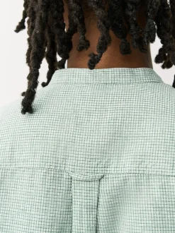 Green Grandad Collar Cotton Linen Blend Short Sleeve Shirt