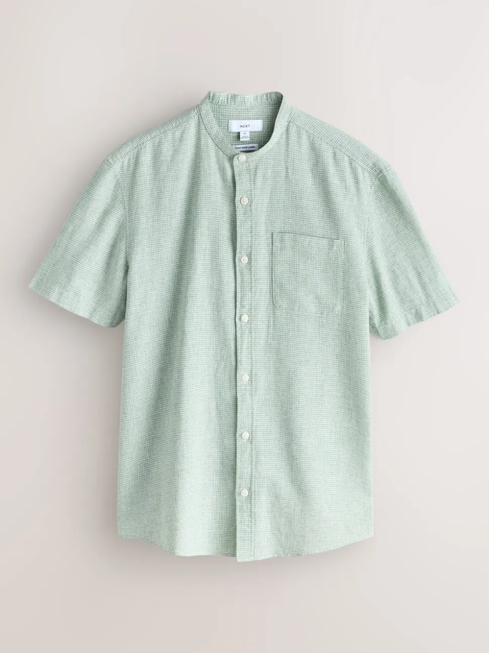 Green Grandad Collar Cotton Linen Blend Short Sleeve Shirt