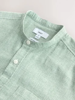 Green Grandad Collar Cotton Linen Blend Short Sleeve Shirt
