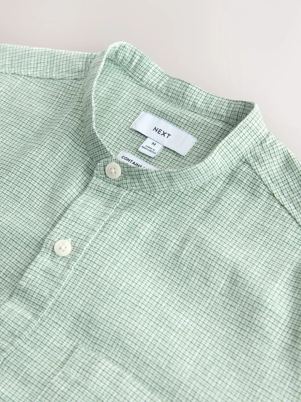 Green Grandad Collar Cotton Linen Blend Short Sleeve Shirt