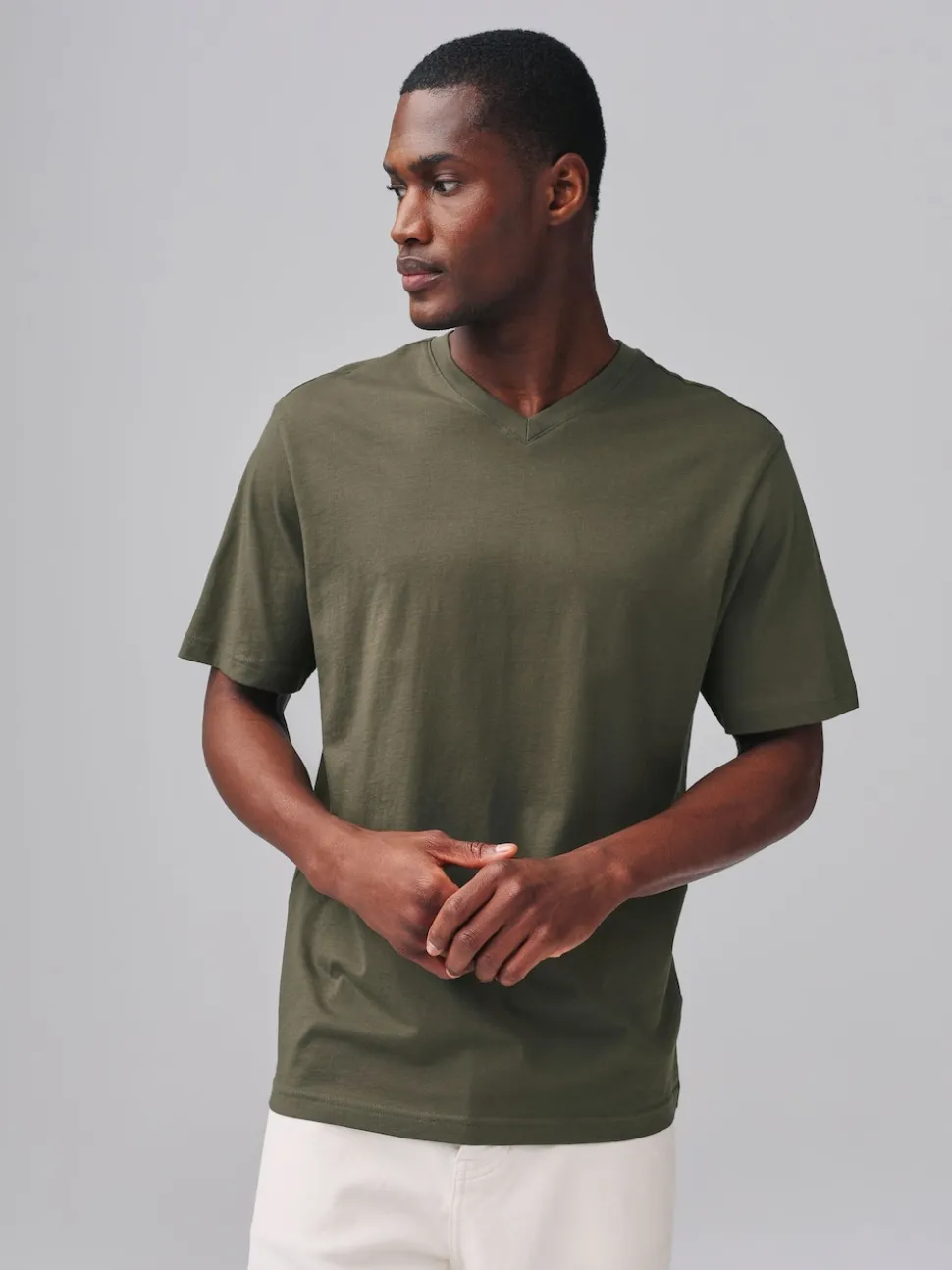 Green Khaki Regular Fit Essential V-Neck T-Shirt