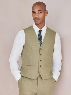 Green Linen Blend Texture Suit Waistcoat