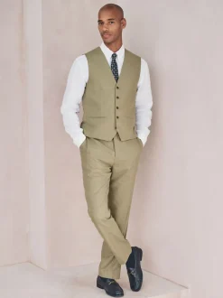 Green Linen Blend Texture Suit Waistcoat