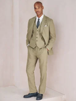 Green Linen Blend Texture Suit Waistcoat