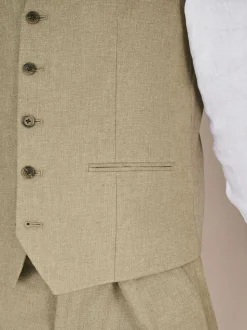 Green Linen Blend Texture Suit Waistcoat