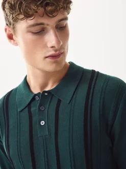 Green Regular Fit Cotton Rich Long Sleeve Stripe Knit Polo Shirt