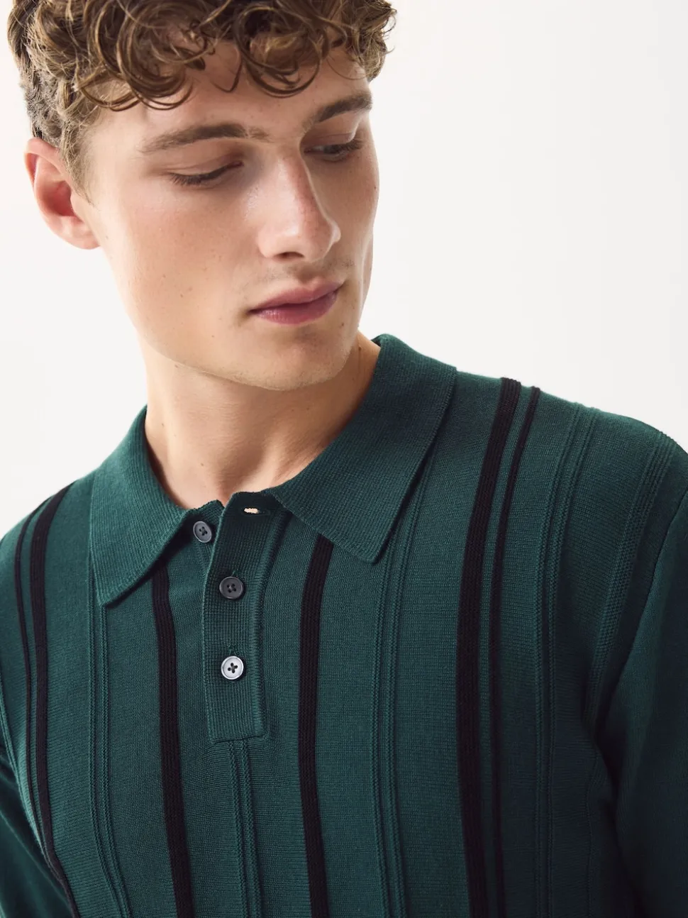 Green Regular Fit Cotton Rich Long Sleeve Stripe Knit Polo Shirt