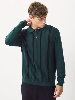 Green Regular Fit Cotton Rich Long Sleeve Stripe Knit Polo Shirt