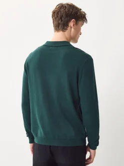 Green Regular Fit Cotton Rich Long Sleeve Stripe Knit Polo Shirt