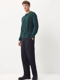 Green Regular Fit Cotton Rich Long Sleeve Stripe Knit Polo Shirt