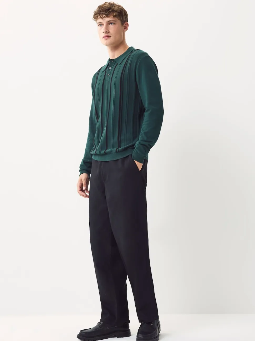 Green Regular Fit Cotton Rich Long Sleeve Stripe Knit Polo Shirt