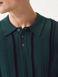 Green Regular Fit Cotton Rich Long Sleeve Stripe Knit Polo Shirt