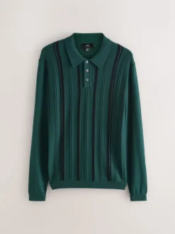 Green Regular Fit Cotton Rich Long Sleeve Stripe Knit Polo Shirt