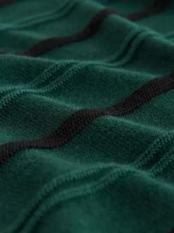 Green Regular Fit Cotton Rich Long Sleeve Stripe Knit Polo Shirt