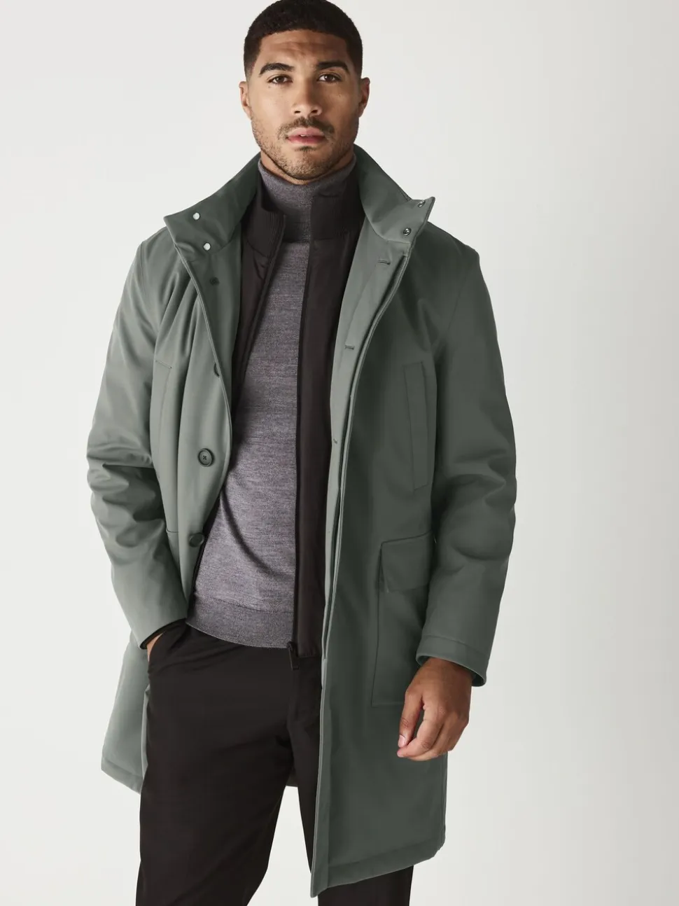 Green Regular Fit Drytech Waterproof Quilted Funnel Neck Coat