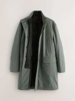 Green Regular Fit Drytech Waterproof Quilted Funnel Neck Coat
