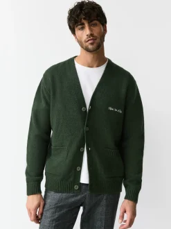 Green Regular Fit Embroidered Chest Motif Cardigan