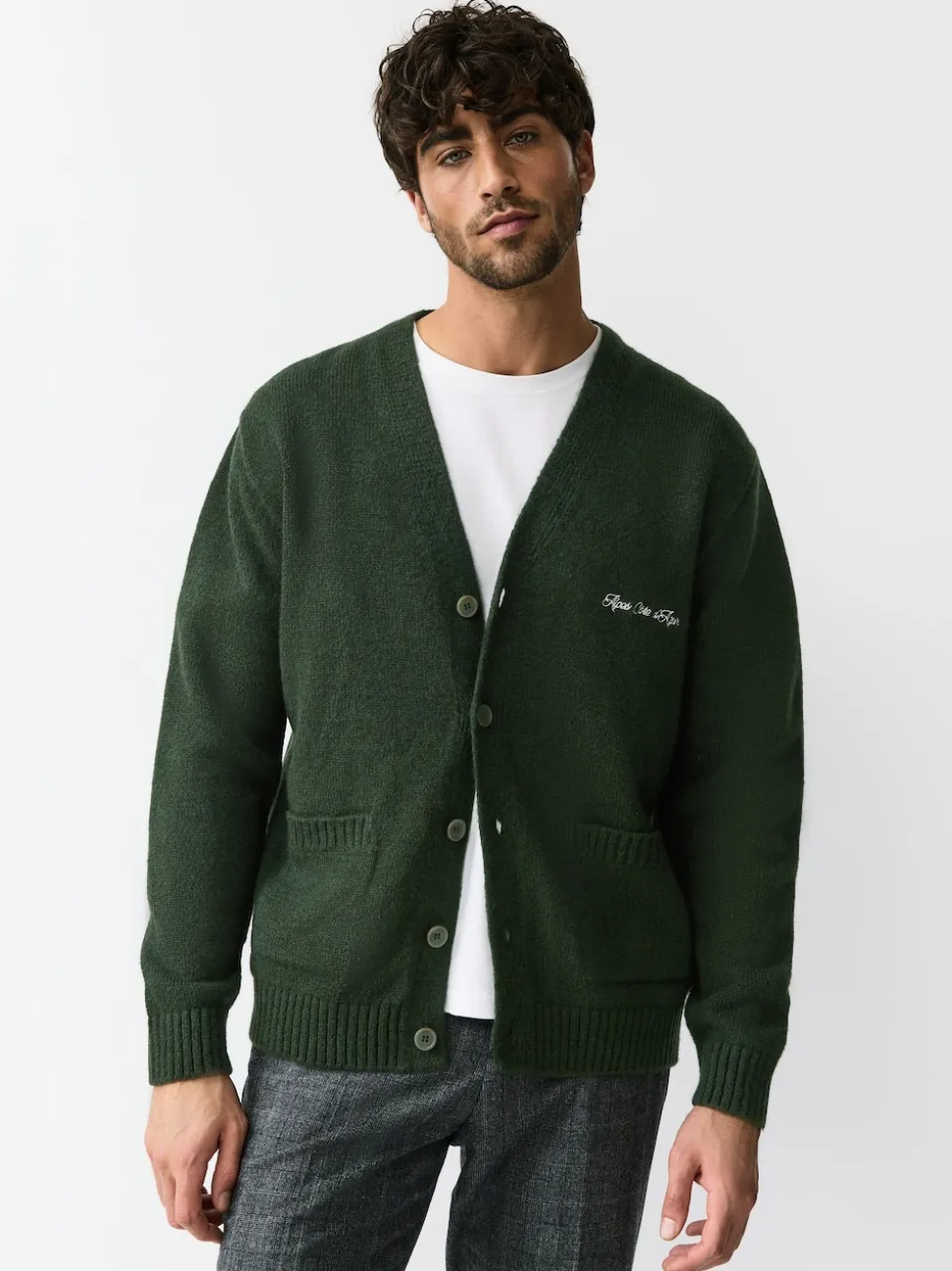 Green Regular Fit Embroidered Chest Motif Cardigan