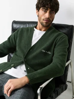 Green Regular Fit Embroidered Chest Motif Cardigan