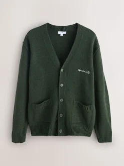 Green Regular Fit Embroidered Chest Motif Cardigan