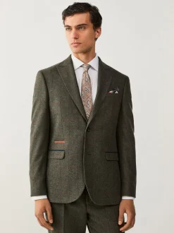 Green Regular Fit Nova Fides Italian Wool Blend Trimmed Check Suit Jacket