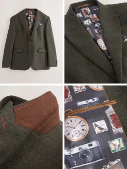 Green Regular Fit Nova Fides Italian Wool Blend Trimmed Check Suit Jacket
