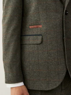 Green Regular Fit Nova Fides Italian Wool Blend Trimmed Check Suit Jacket