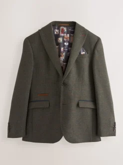 Green Regular Fit Nova Fides Italian Wool Blend Trimmed Check Suit Jacket