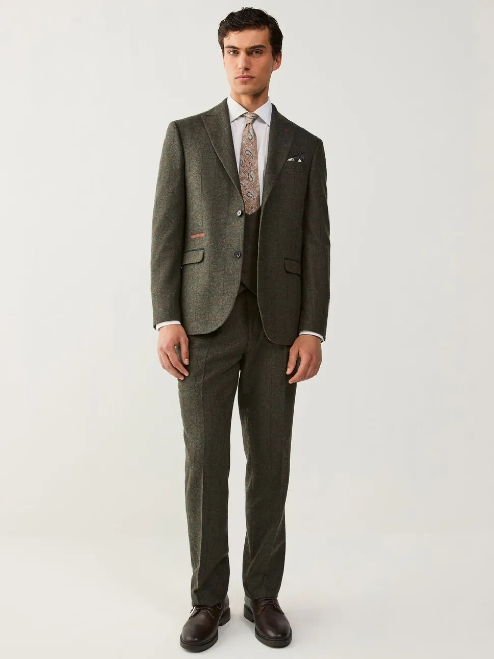 Green Regular Fit Nova Fides Italian Wool Blend Trimmed Check Suit Trousers