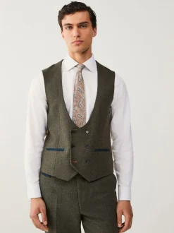 Green Regular Fit Nova Fides Italian Wool Blend Trimmed Check Suit Waistcoat