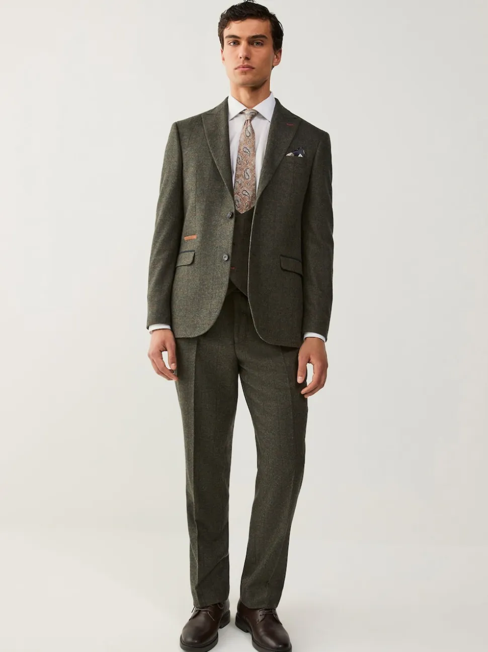 Green Regular Fit Nova Fides Italian Wool Blend Trimmed Check Suit Waistcoat