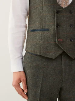 Green Regular Fit Nova Fides Italian Wool Blend Trimmed Check Suit Waistcoat