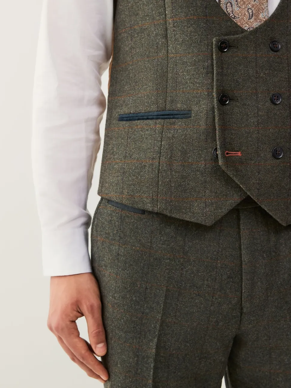 Green Regular Fit Nova Fides Italian Wool Blend Trimmed Check Suit Waistcoat