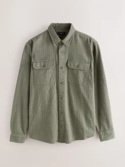 Green Regular Fit Textured Waffle Long Sleeve Shirt