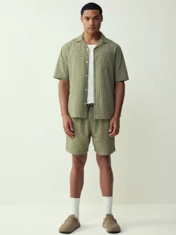 Green Seersucker Gingham Lightweight Drawstring Shorts