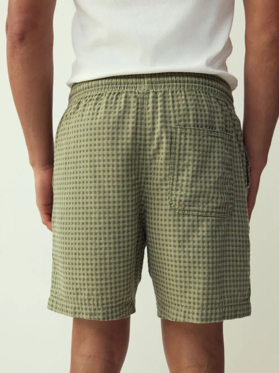 Green Seersucker Gingham Lightweight Drawstring Shorts