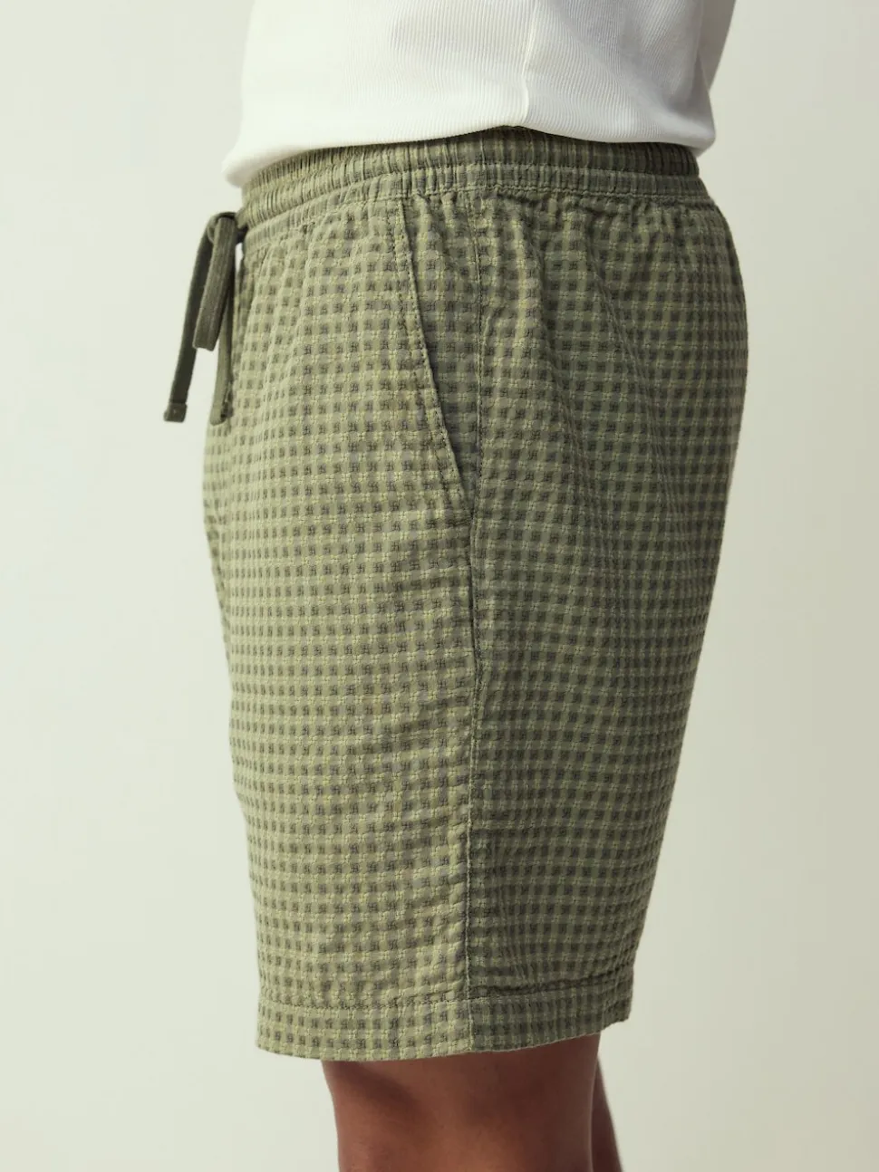 Green Seersucker Gingham Lightweight Drawstring Shorts