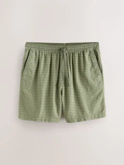 Green Seersucker Gingham Lightweight Drawstring Shorts