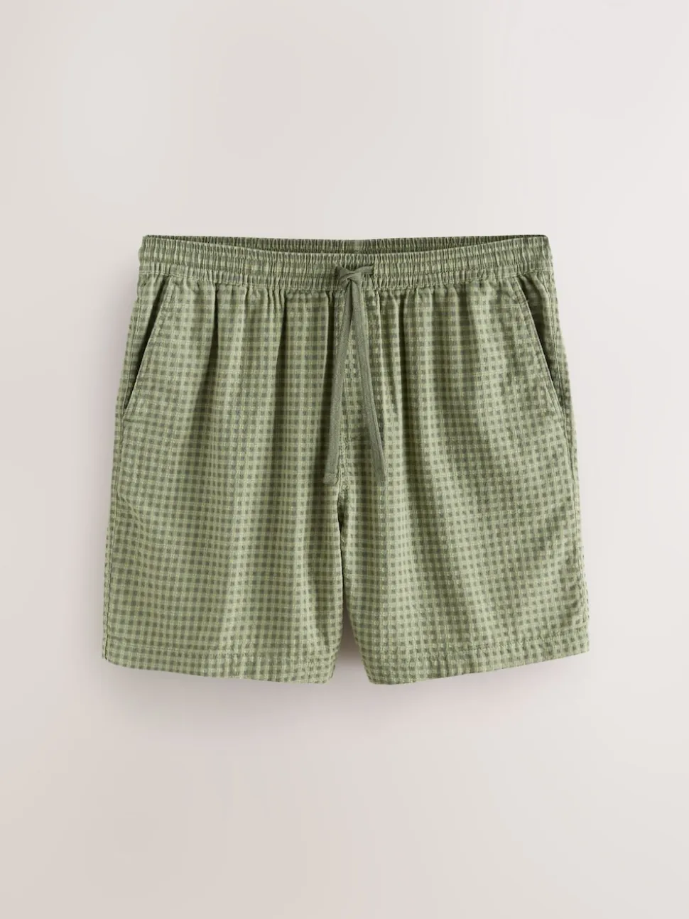 Green Seersucker Gingham Lightweight Drawstring Shorts
