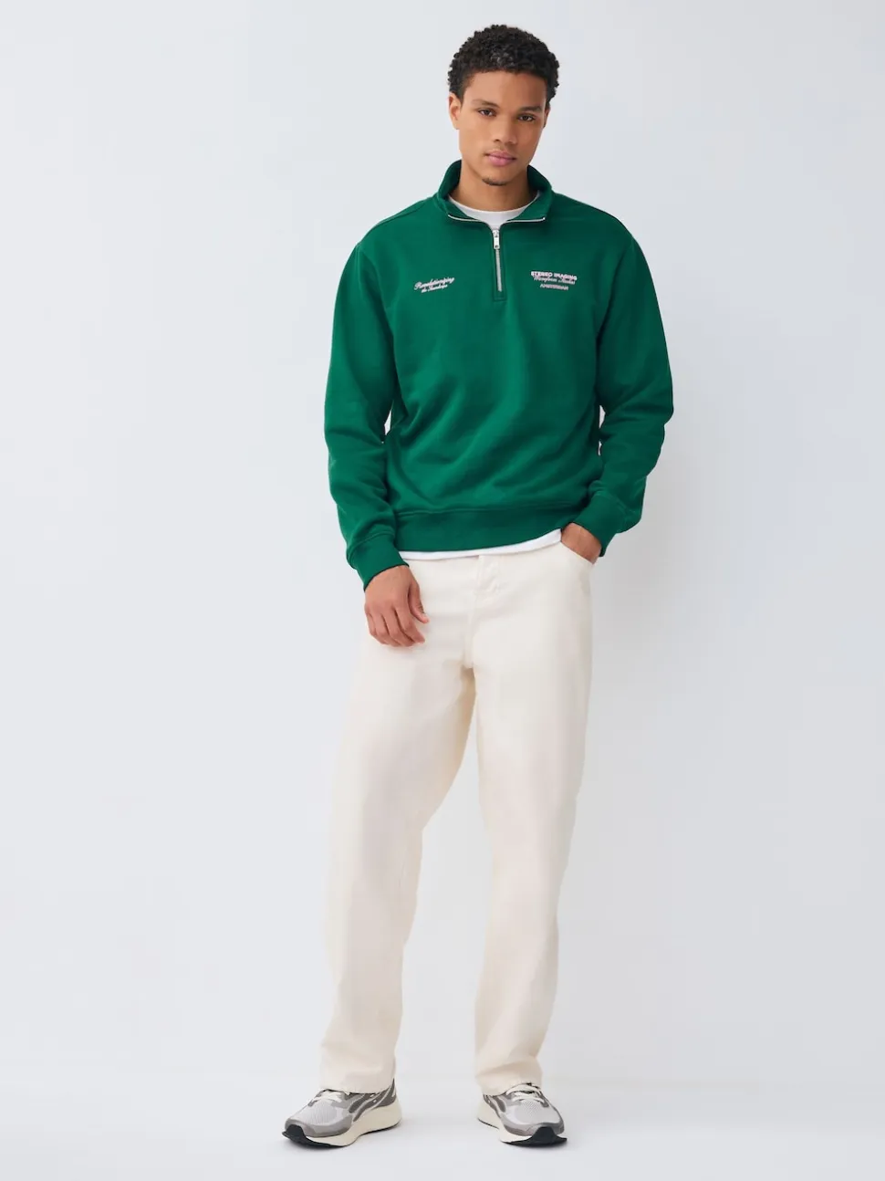 Green Simple Text Graphic Print Quarter Zip Neck Sweatshirt