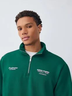 Green Simple Text Graphic Print Quarter Zip Neck Sweatshirt