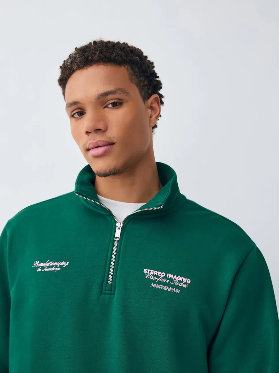 Green Simple Text Graphic Print Quarter Zip Neck Sweatshirt
