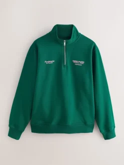 Green Simple Text Graphic Print Quarter Zip Neck Sweatshirt